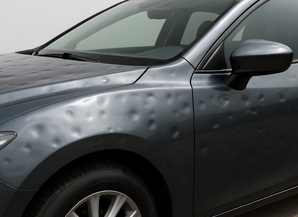Close-up of a car hood with visible hail damage