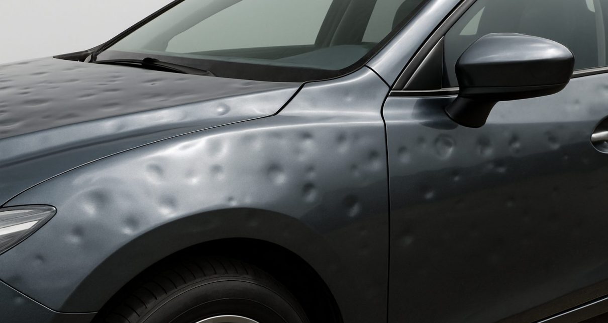 Close-up of a car hood with visible hail damage