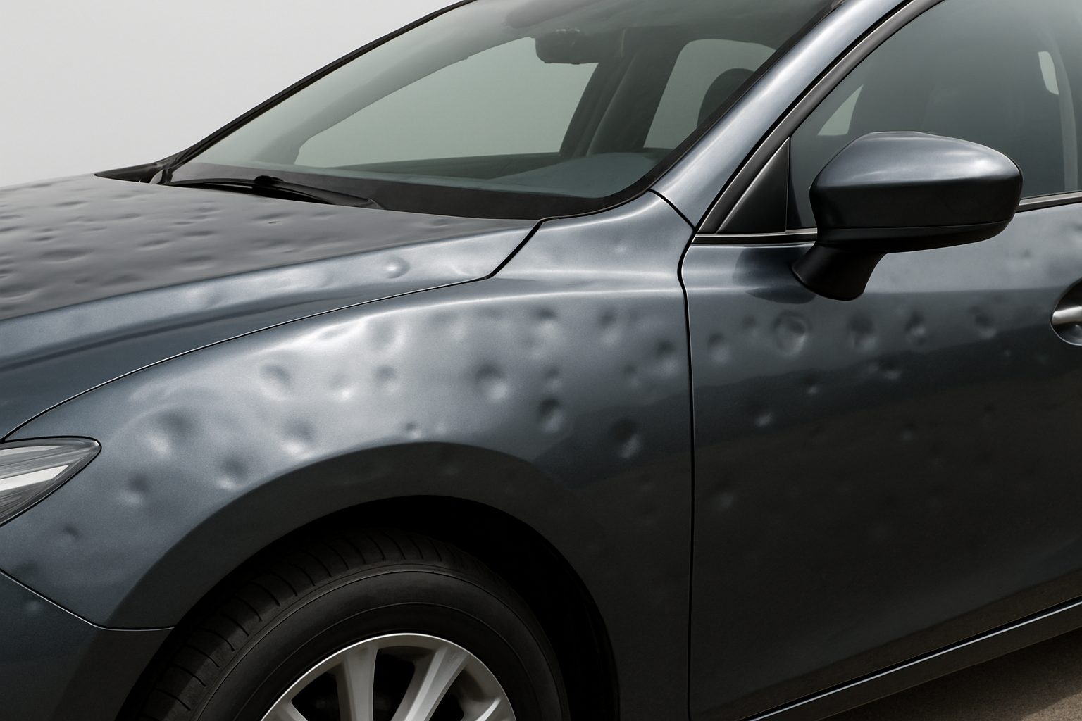 Close-up of a car hood with visible hail damage